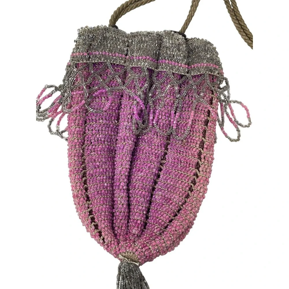 Glass Bead Drawstring Flapper Purse Manganese‎ Cadmium 1920s Purple UV Reactive